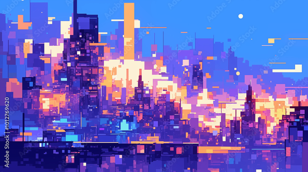vibrant pixel art cityscape with colorful sunset sky Stock Illustration ...
