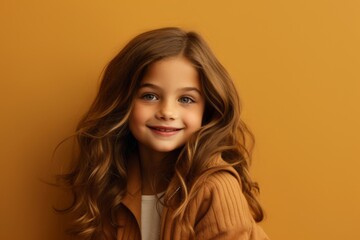 Portrait of a cute little girl with long curly hair on a yellow background