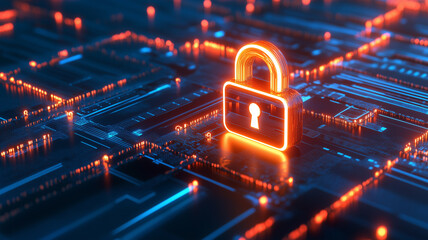 Digital security background with a holographic lock icon over a data code texture. Futuristic cyberspace concept