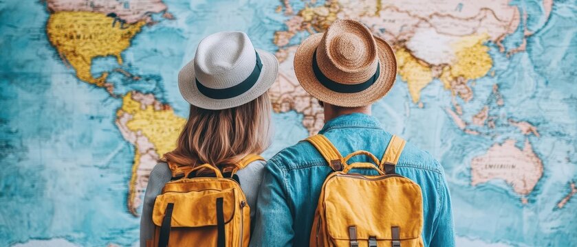 couple exploring a world map, embracing the adventure of travel and planning their next journey toge