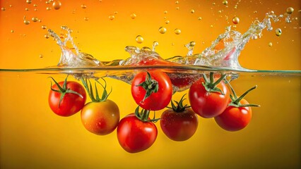 Fresh tomatoes falling into water on yellow background with splash and drops