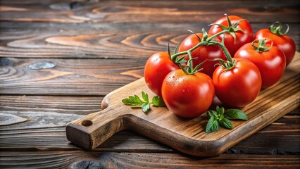 Fresh tomatoes with water droplets on a wooden chopping board