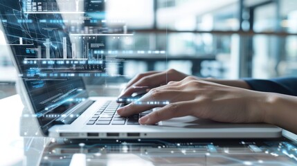Hands Typing on Laptop with Digital Data Overlay