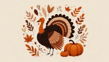 Wall Mural - Description: Celebrate autumn with this vibrant illustration of a turkey surrounded by autumn leaves and pumpkins, perfect for Thanksgiving-themed designs and marketing materials.