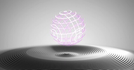 Poster - Animation of 3d sphere design over black and grey concentric rings on grey background