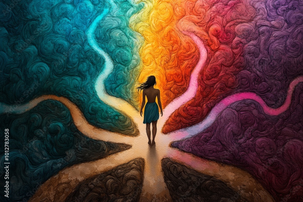 Watercolor figure standing at a crossroads, with softly painted paths ...