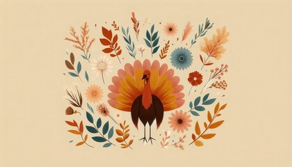 Wall Mural - A vibrant, whimsical turkey surrounded by colorful autumn foliage and flowers, perfect for seasonal promotions, greeting cards, or thanksgiving-themed projects.