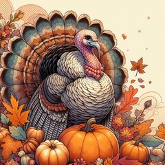 Wall Mural - Celebrate autumn with this vibrant, artistic representation of a turkey surrounded by pumpkins and fall leaves, perfect for seasonal marketing and festive promotions.