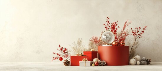 Christmas decoration with baubles and gift boxes. 3D rendering