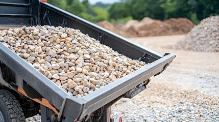 Gravel truck unloading, bed raised, showcasing a heavy load of gravel, construction site in the background, ready for transport.