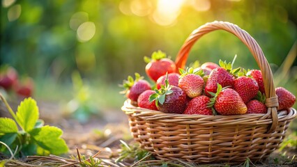 Freshly picked strawberries in a harvest basket seen from a low angle