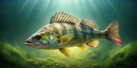 Freshwater perch trophy fish swimming in water on green background