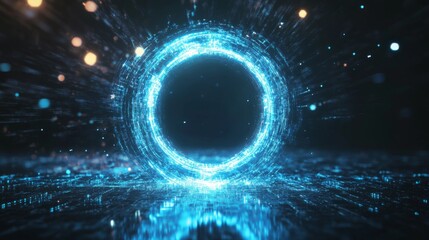 Aufkleber - A glowing blue circular structure surrounded by vibrant particles, set against a dark background, creating a futuristic and mystical atmosphere.