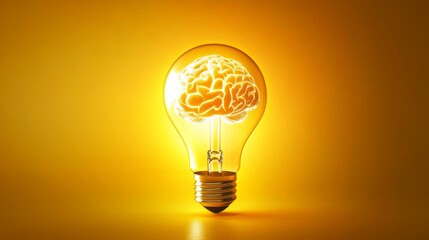 Poster - A glowing light bulb containing a brain symbolizes creativity and innovation against a warm yellow background.