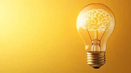 A glowing light bulb with a brain icon symbolizes creativity and innovative thinking against a yellow background.