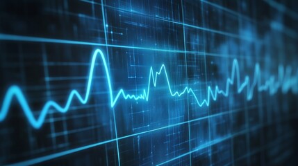 Poster - A dynamic blue waveform on a dark background, illustrating digital audio or an electronic signal, showcasing technology and data visualization.