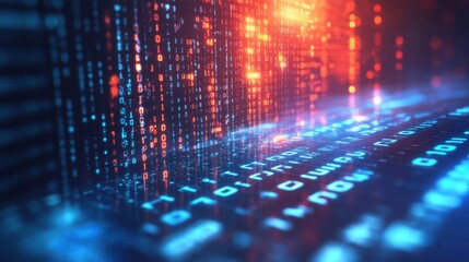 Aufkleber - A futuristic digital landscape depicting flowing data streams and binary code illuminated by vibrant blue and red lights.