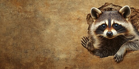 A raccoon peeks through a hole in a wall.