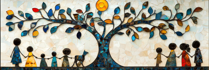 Wall Mural - Graphic depicting a tree of life and a family standing under it. AI generative.