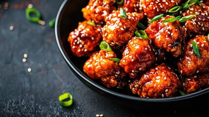 Delicious crispy chicken coated in sweet sauce, garnished with green onions and sesame seeds, served in a black bowl.