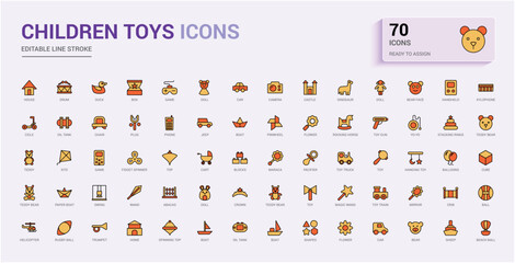 Set of colorful children toys icons set. Color editable art icons pack. Outline symbol collection, line icon for web and ui. Vector illustration. Icon names are written in English.