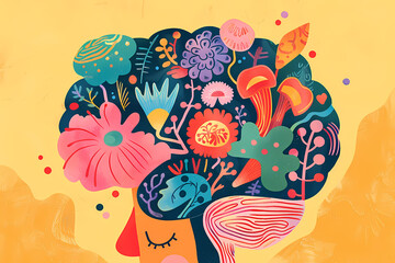 A vibrant illustration of a woman with flowers and plants growing from her head, showcasing creativity and nature's beauty.