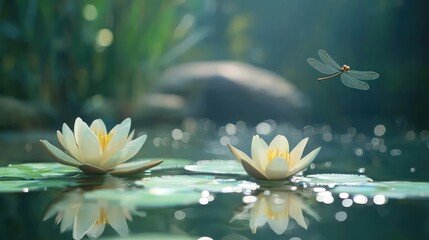 Serene water scene featuring two blooming lilies and a dragonfly, illuminated by soft light, creating a tranquil atmosphere.