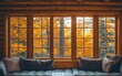 © Matthew - A cozy cabin interior with a view of vibrant autumn foliage through large windows.