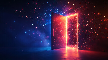 Wall Mural - futuristic open door illuminated by vibrant neon lights symbolizes new opportunities and innovation.