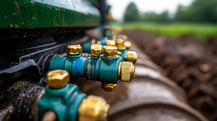 Wall Mural - hydraulic valve and pipe system in agricultural equipment, showcasing the integration of technology in farming. This image symbolizes efficiency, innovation, and the modernization of agriculture