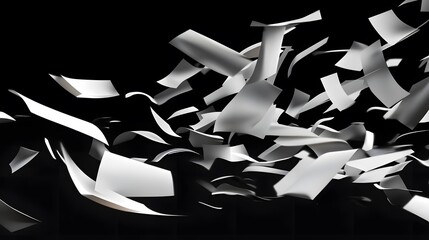 A realistic depiction of white paper sheets falling, isolated on a transparent background, illustrating office chaos and a mess in paperwork