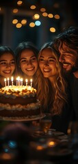 Multigenerational family celebrating a birthday, smiling as they gather around a cake with lit candles