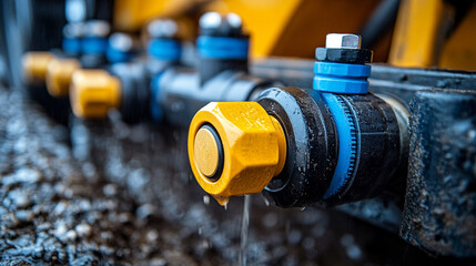 Wall Mural - hydraulic valve and pipe system in agricultural equipment, showcasing the integration of technology in farming. This image symbolizes efficiency, innovation, and the modernization of agriculture