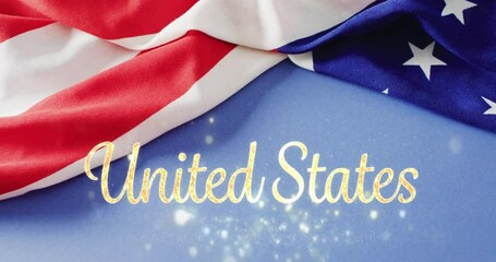 Poster - Animation of sparkling united states text over flag of america on blue background