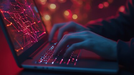 Cybersecurity Expert Typing on Laptop with Data Visualization