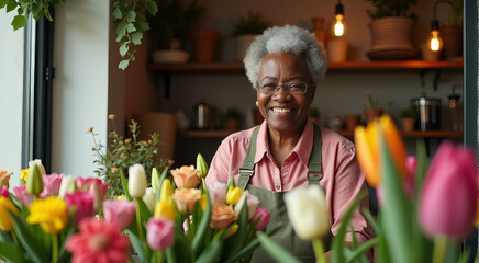 Wall Mural - A woman is smiling and standing in front of a bunch of flowers