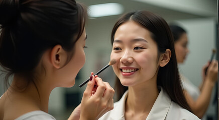 Sticker - A woman is getting her makeup done by another woman