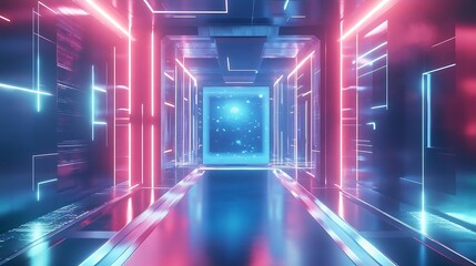 Sticker - Futuristic Neon Corridor with Blue and Pink Lights