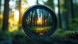 © putri syakilla - A camera lens frames a vibrant forest scene at sunset, blending nature and photography.
