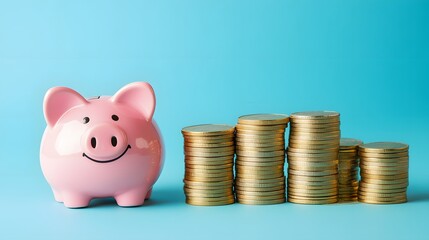 A smiling pink pig piggy bank next to a stack of gold coins, isolated on a blue background