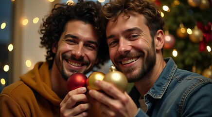 Sticker - Two men are smiling and holding up two Christmas ornaments