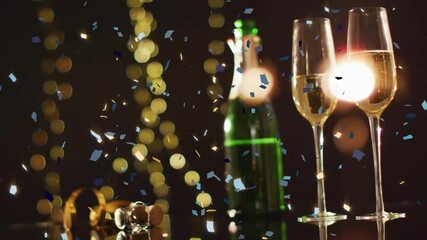 Sticker - Animation of confetti falling over champagne glasses and bottle