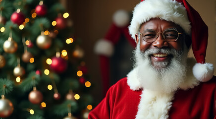 Sticker - A smiling man in a Santa hat poses in front of a Christmas tree