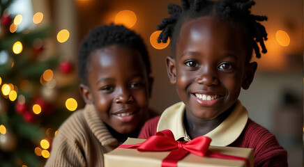 Sticker - Two young children are holding a brown box with a red ribbon on it