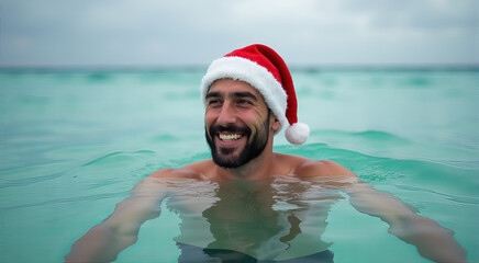 Sticker - A man in a red hat is smiling while swimming in the ocean