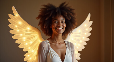 Wall Mural - A woman with curly hair is wearing a white dress and smiling