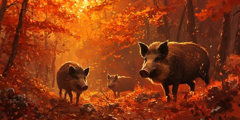 Wall Mural - three wild boars stand in an autumn forest.