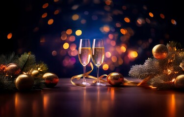 Two champagne flutes with bubbly liquid sit on a dark table surrounded by gold and red ornaments and a golden ribbon with a blurred background of festive lights.