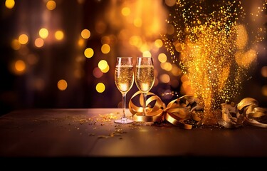 Two champagne flutes filled with bubbly and sparkling lights on a table with golden ribbon and confetti.