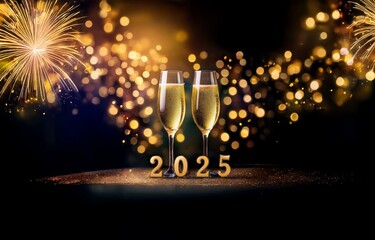 two champagne glasses with golden sparkling wine stand in front of the numbers 2025, set against a b